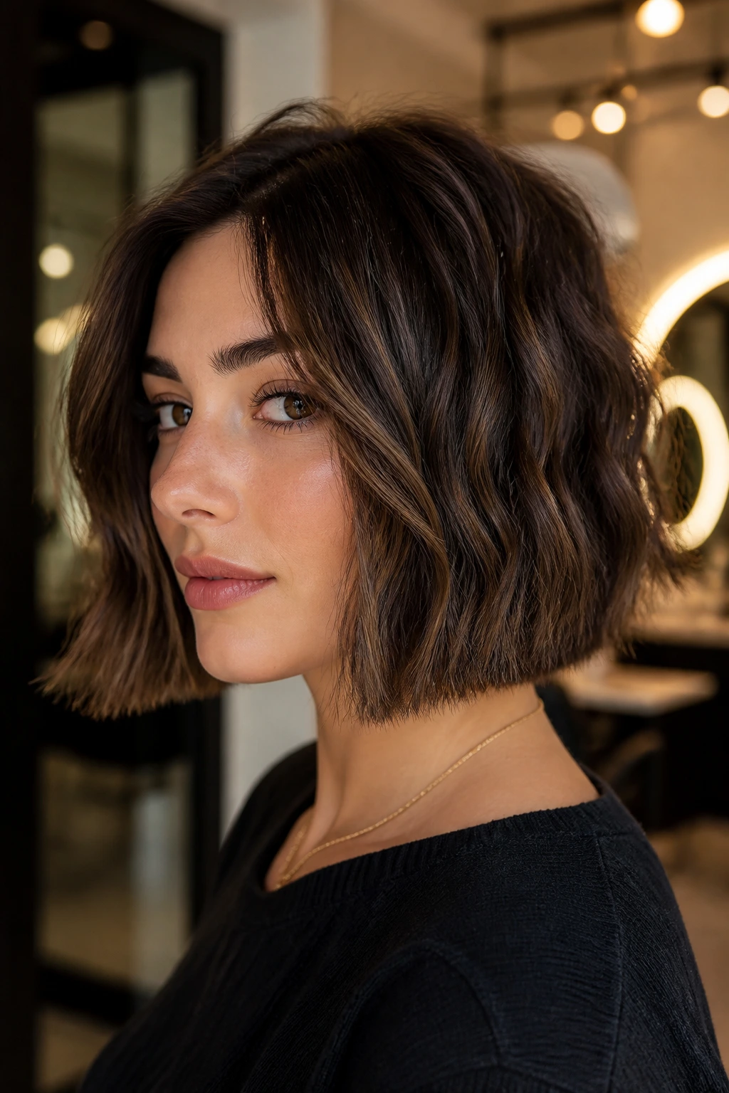 Close-up of a real person with textured blunt-edge bob