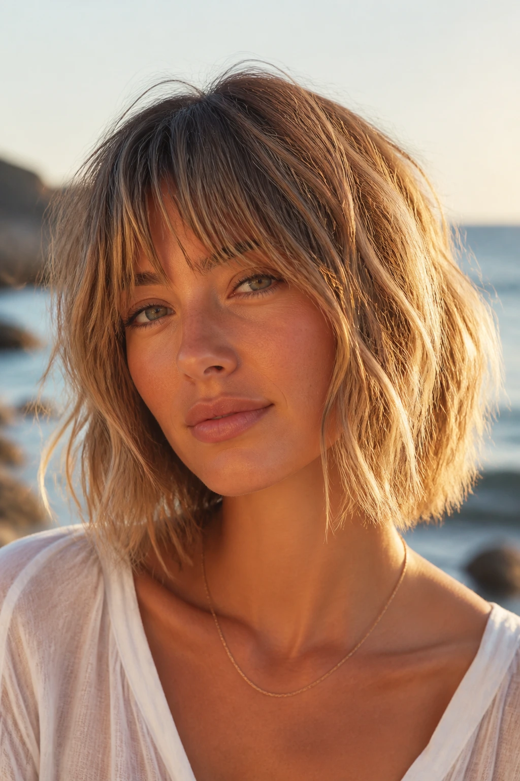 Close-up of a real woman with textured beach bob and bottleneck bangs outdoors by the sea.