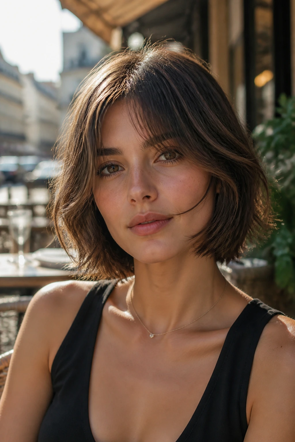 Portrait of a real woman with a textured center-part bob and wispy bangs outdoors