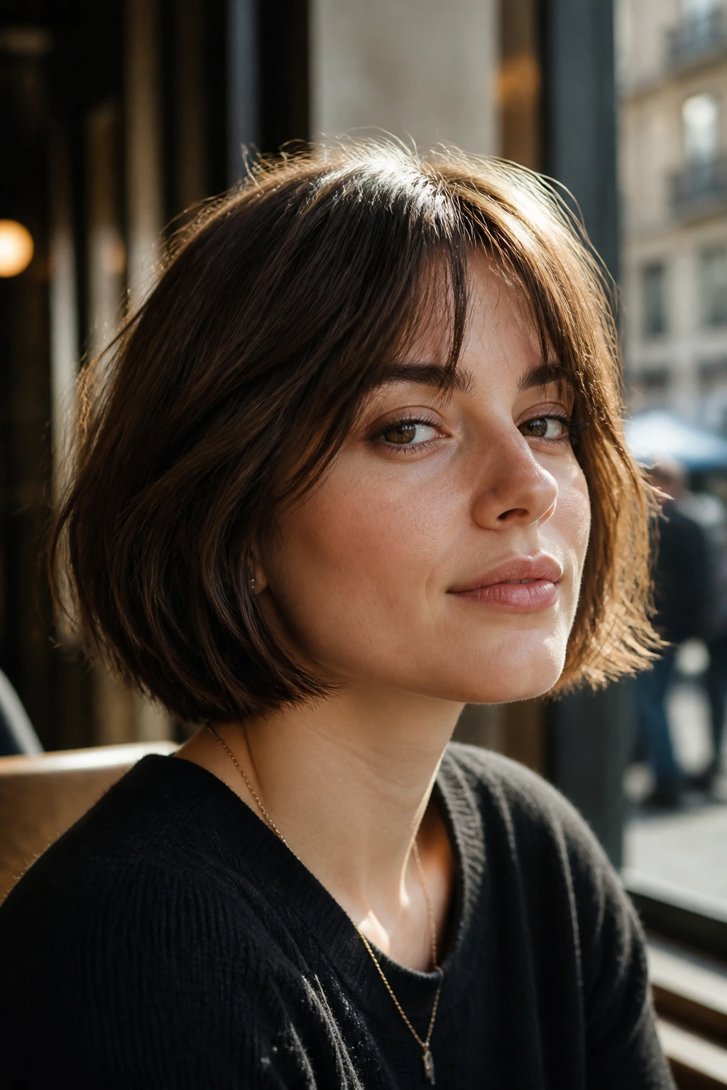 Real woman with textured Parisian chin-length bob under warm cafe light.