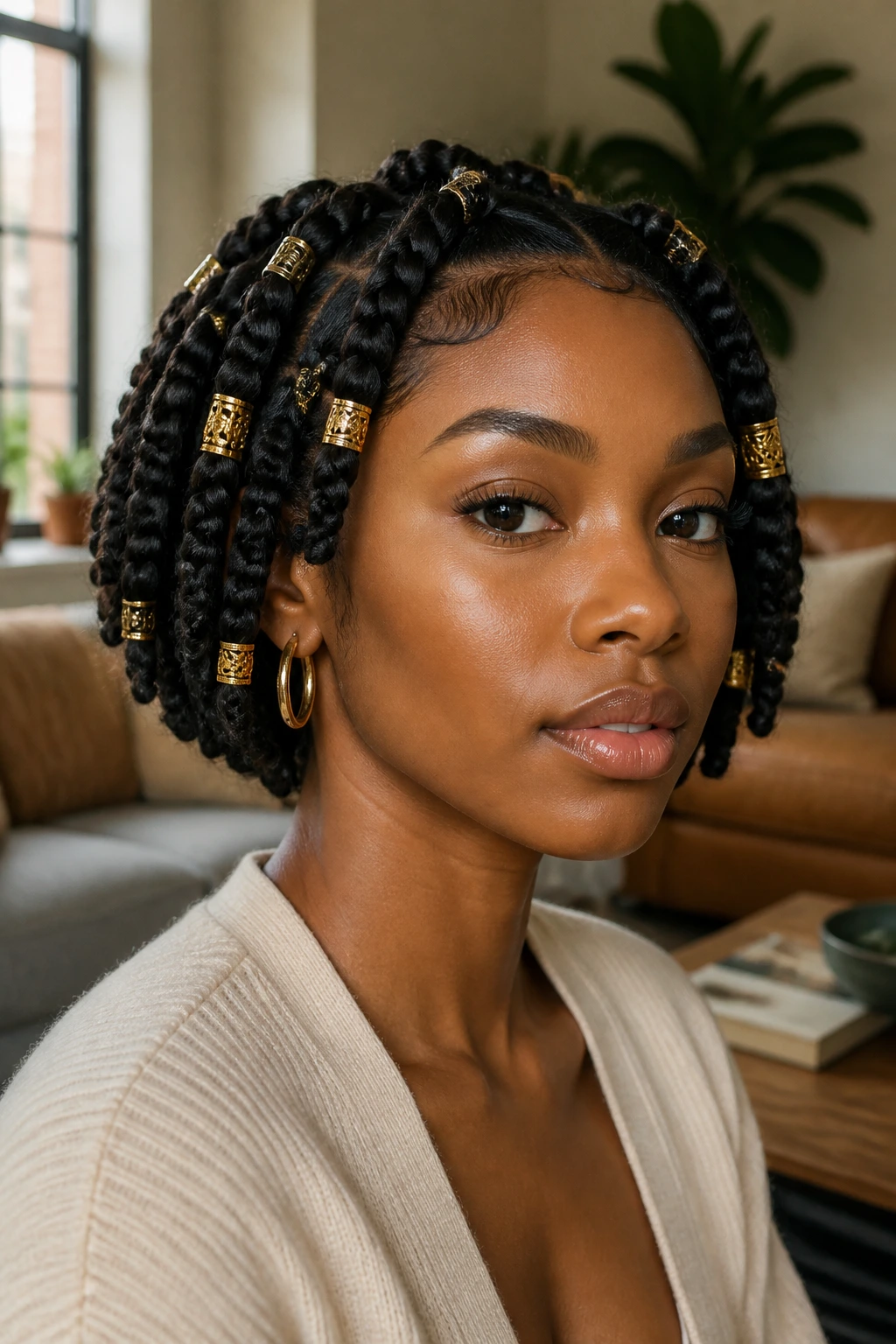 Close-up of a woman with a voluminous textured bob and chunky gold cuffs in her hair.