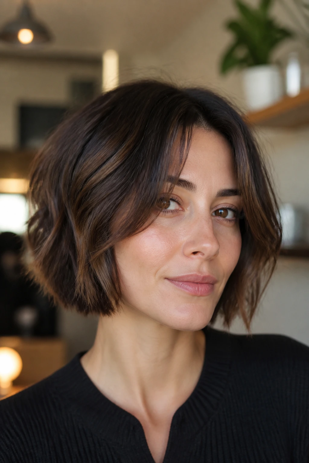 Real person with textured bob and curtain bangs in warm indoor light
