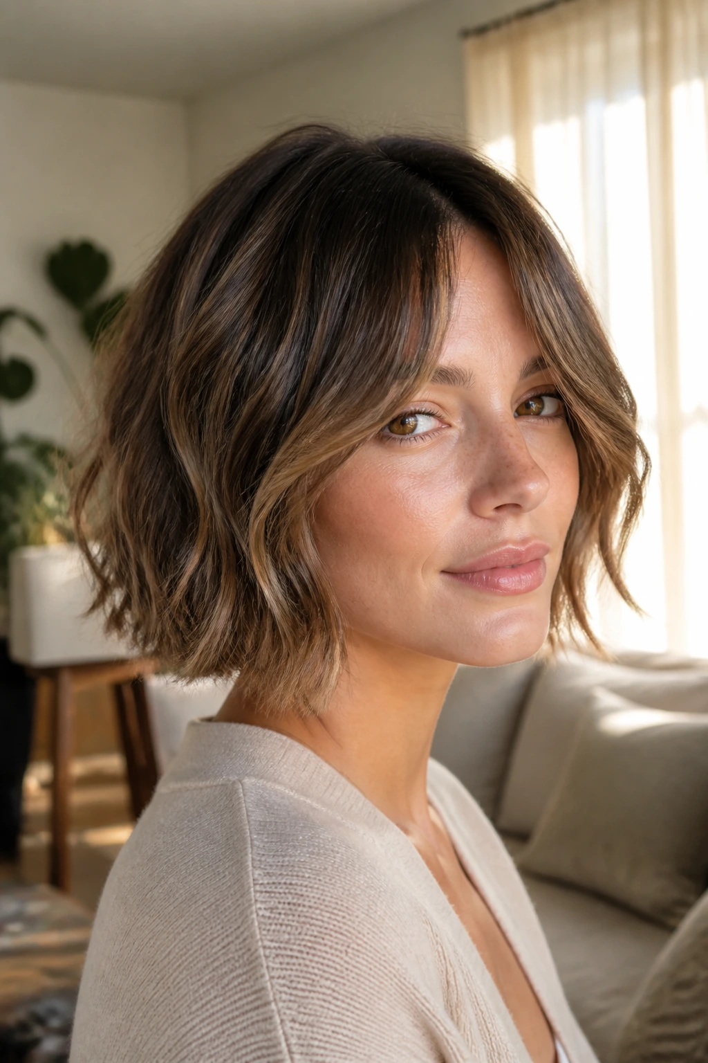 Close-up portrait of a real woman with textured wavy bob and curtain bangs in sunlit living room.