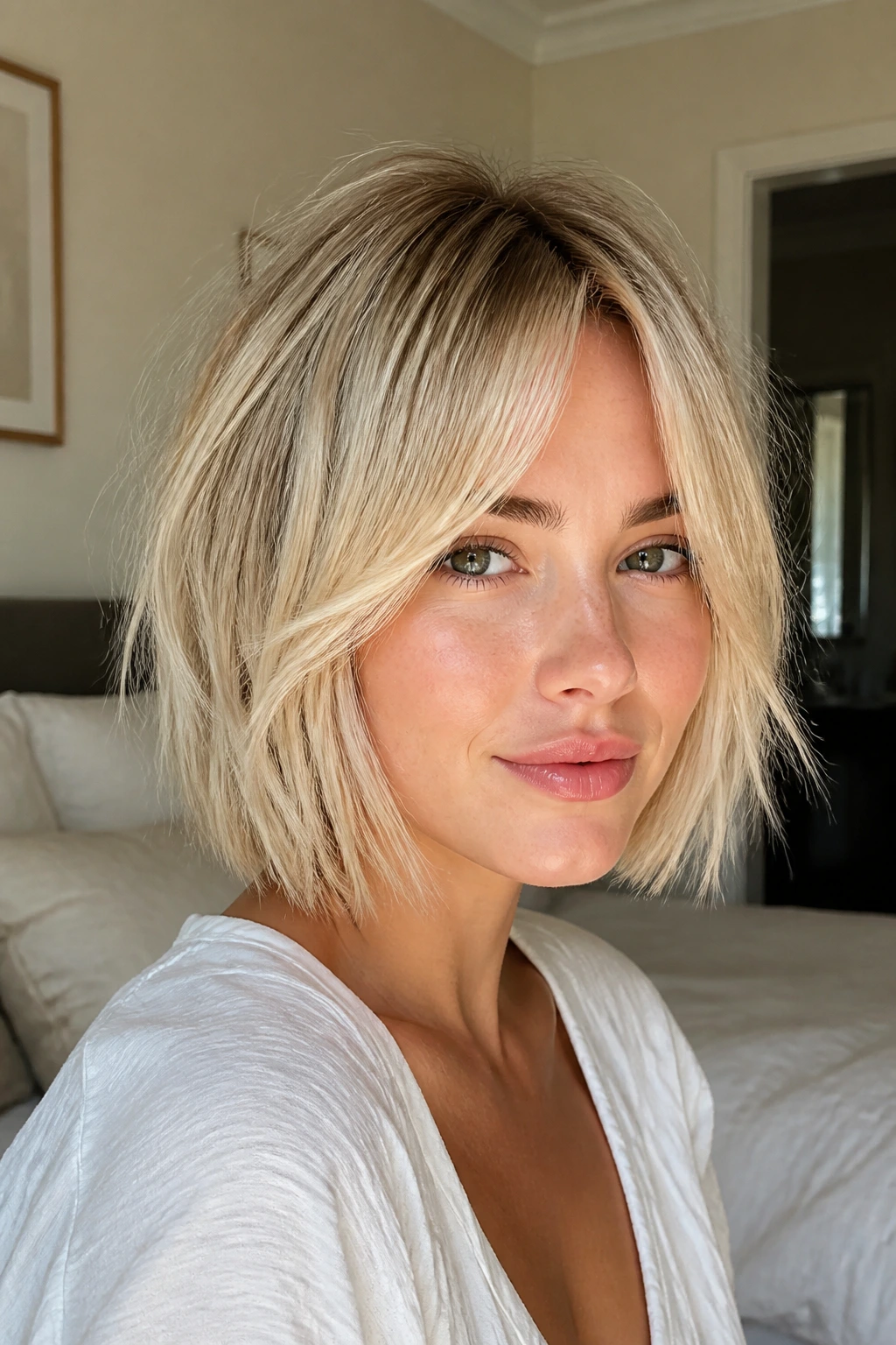 Real woman with textured bob and curtain bangs in vanilla blonde