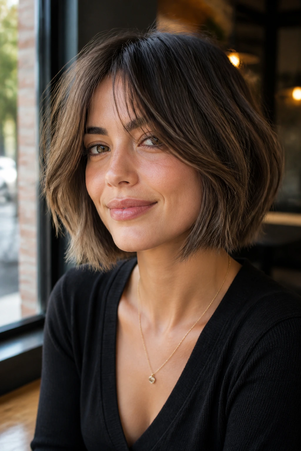 Textured bob with long face-framing bangs on real woman in cafe