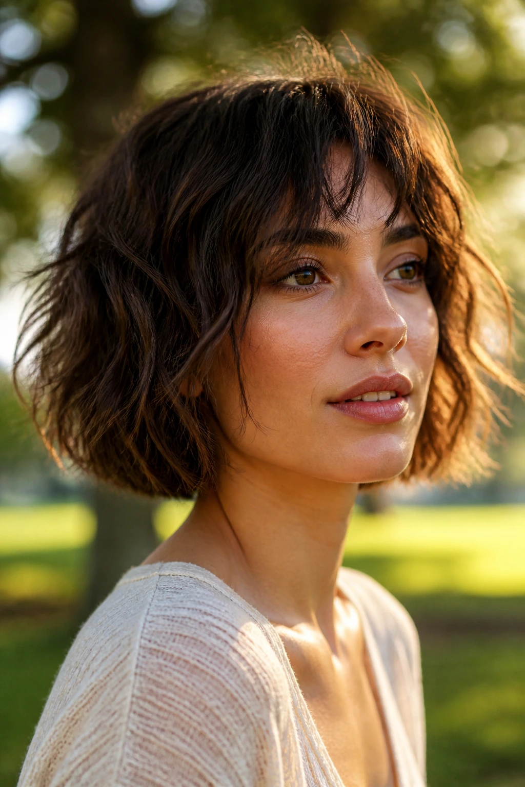 Close-up portrait of a real woman with textured wavy bob and piecey fringe in sunlight.