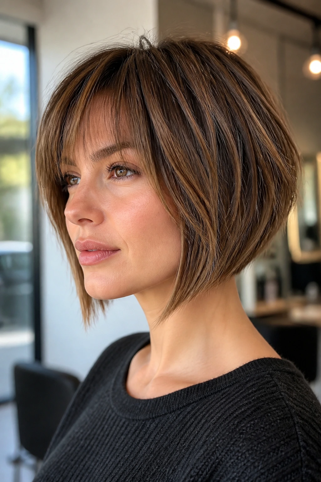 Close-up portrait of a real woman with a textured A-line bob in a sunlit salon.