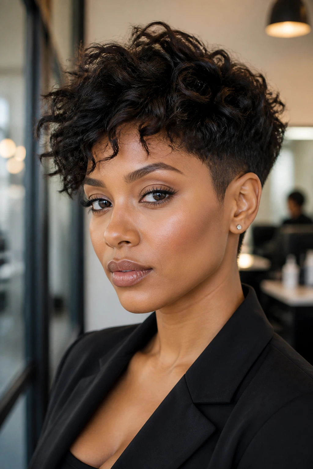 Medium close-up of a woman with a textured bob and tapered sides in a modern setting.