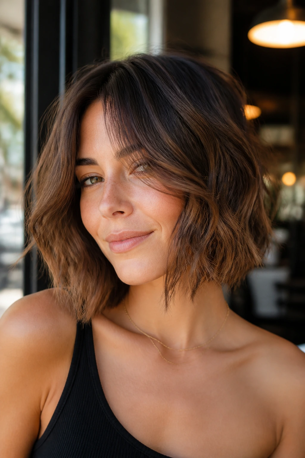 Close-up portrait of a real woman with textured waves and center-parted bangs in a sunlit cafe