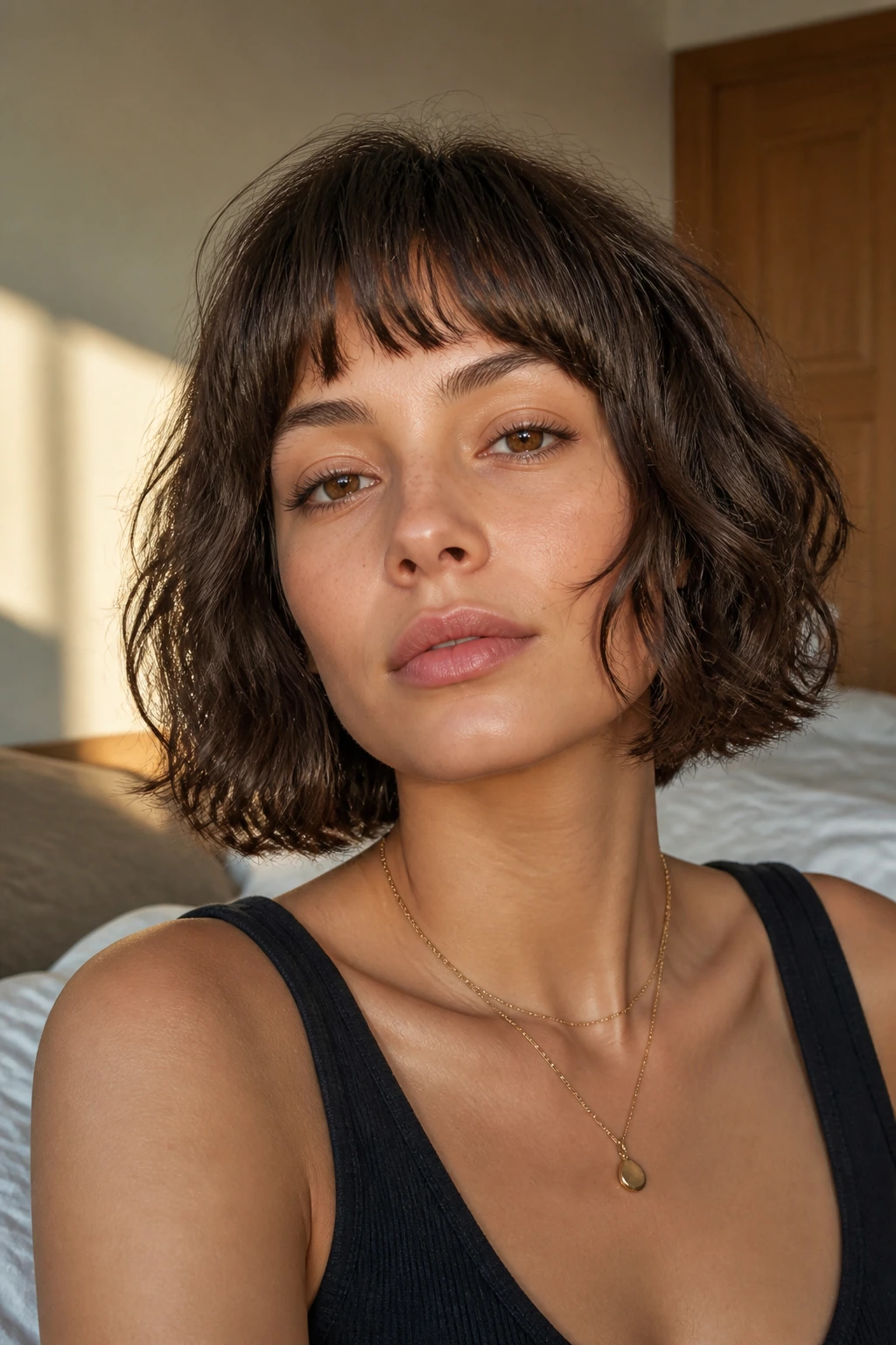Close-up portrait of a real woman with a textured French Girl Bob and wispy bangs