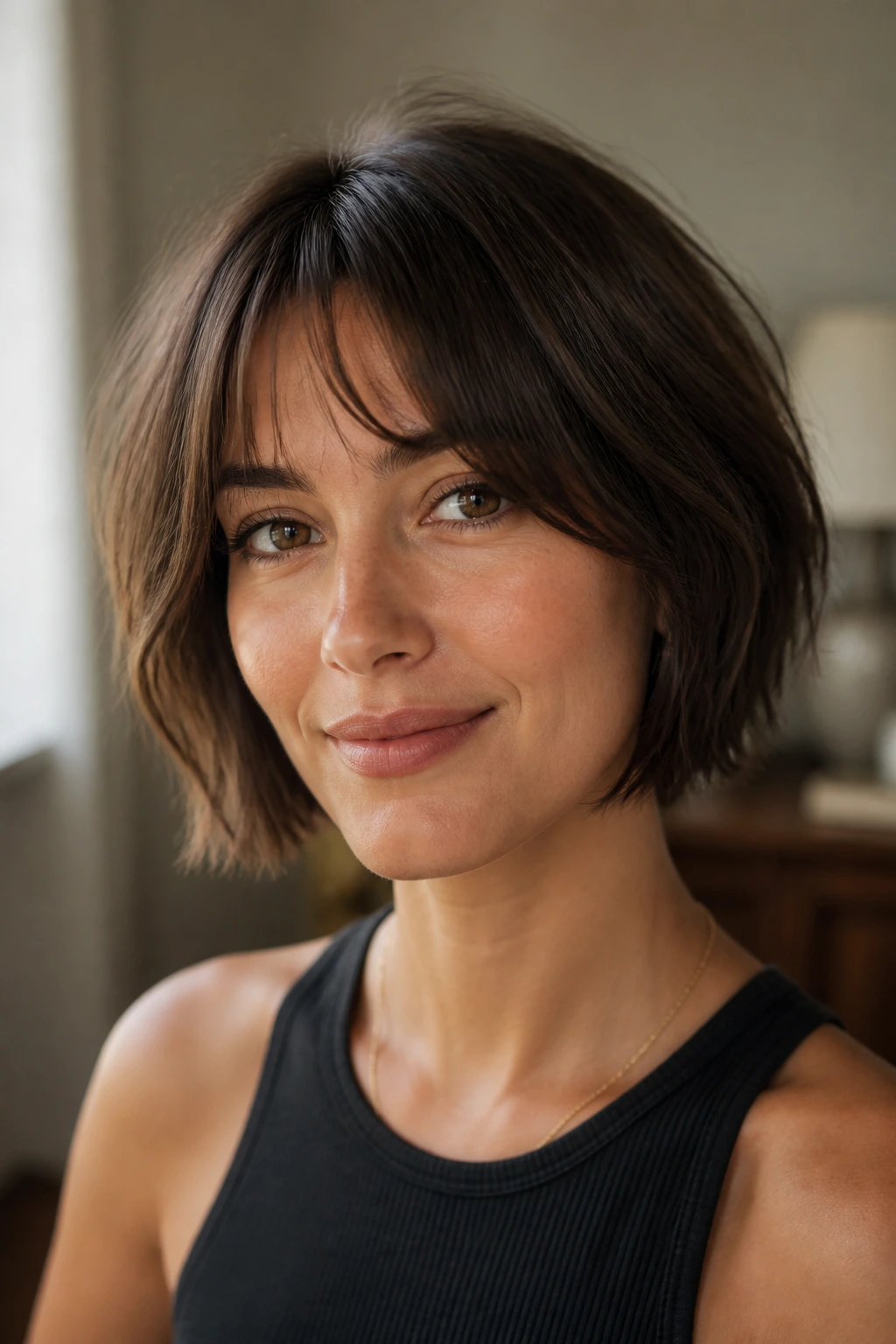 Close-up portrait of a woman with a textured jaw-length bob and wispy curtain bangs