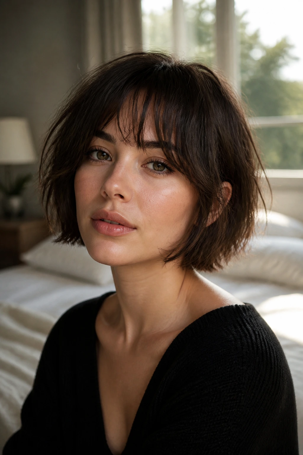 Close-up portrait of a real woman with a textured French bob and wispy fringe.