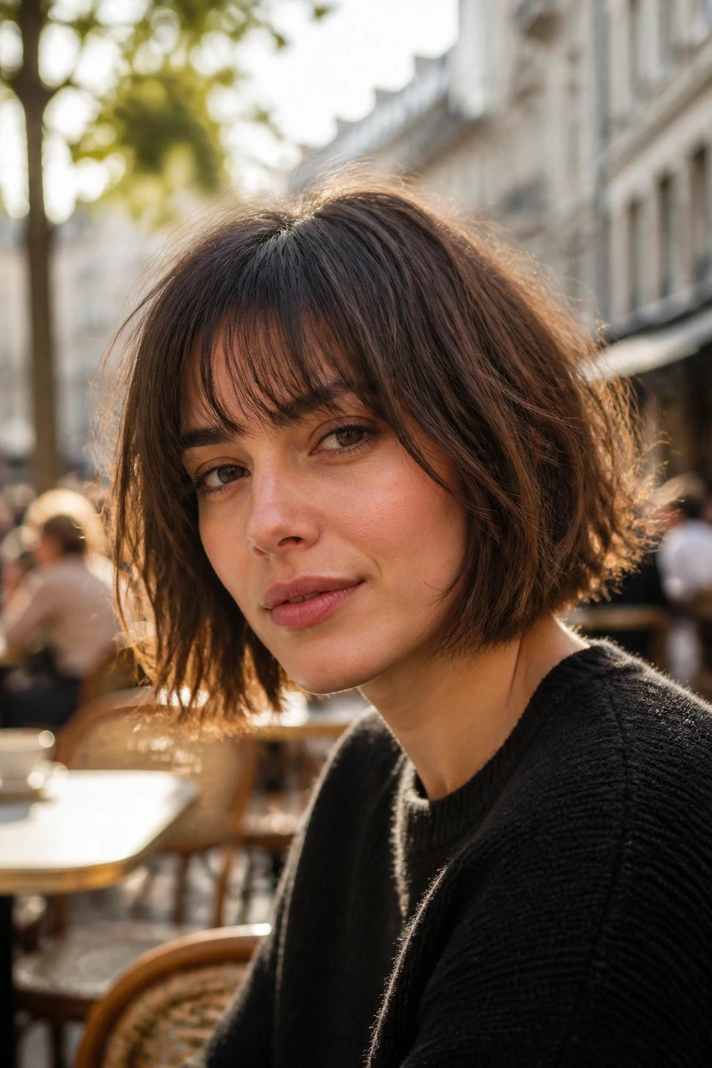 Close-up portrait of a woman with textured bob and wispy fringe in a sunny cafe setting