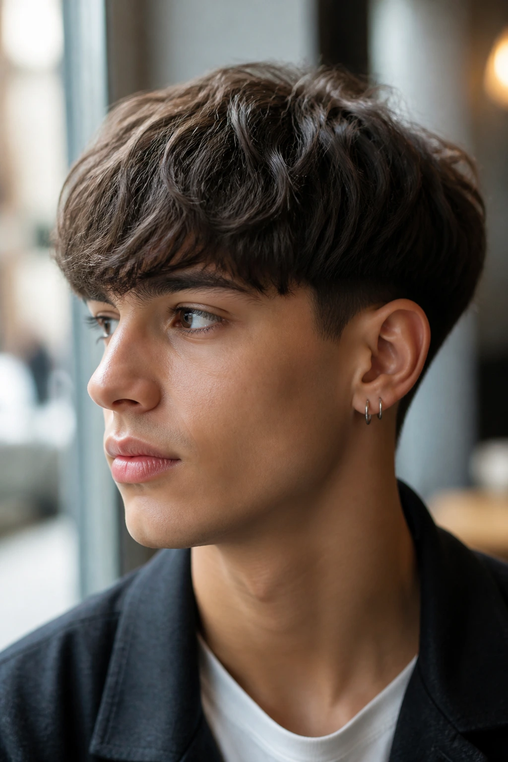 Portrait of a person with a rounded textured bowl cut at mid-ear length, soft daylight.