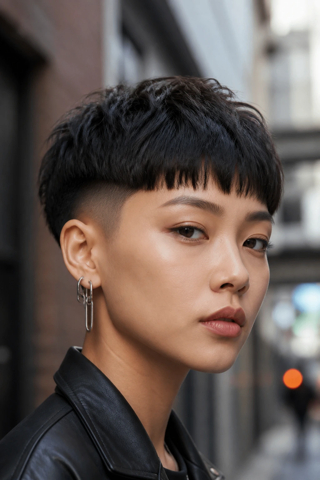 Close-up of a real Asian woman with textured bowl cut and faded temples in daylight