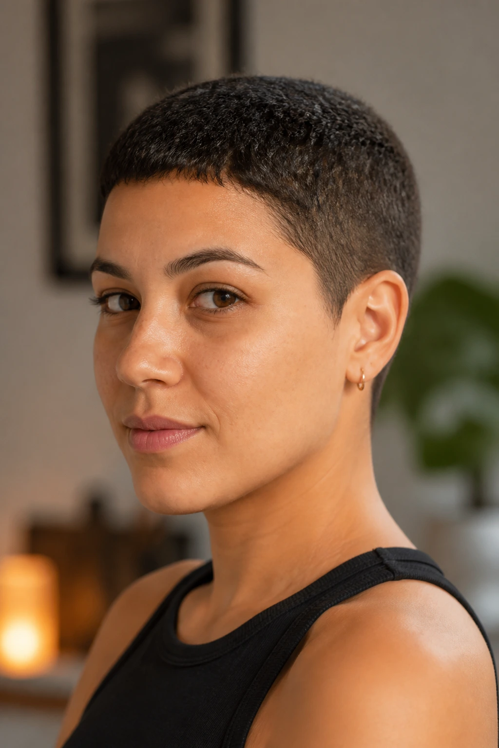 Close-up portrait of a real person with a textured burr cut and soft edges