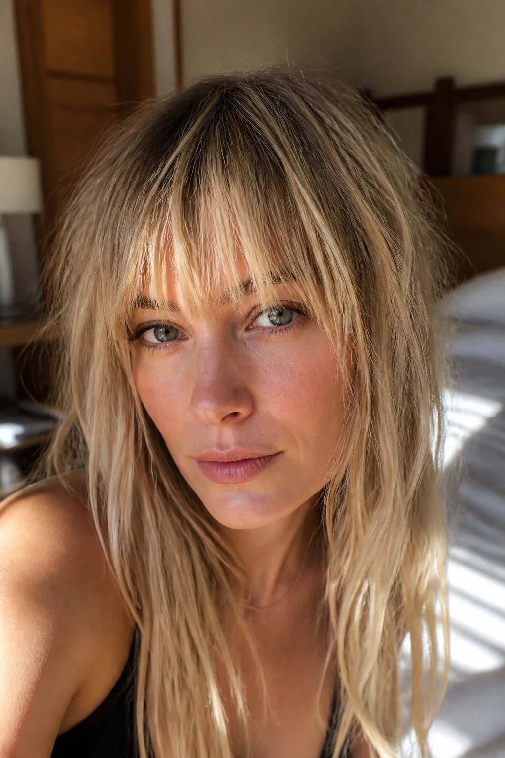 Close-up of a woman with textured choppy bangs in warm window light