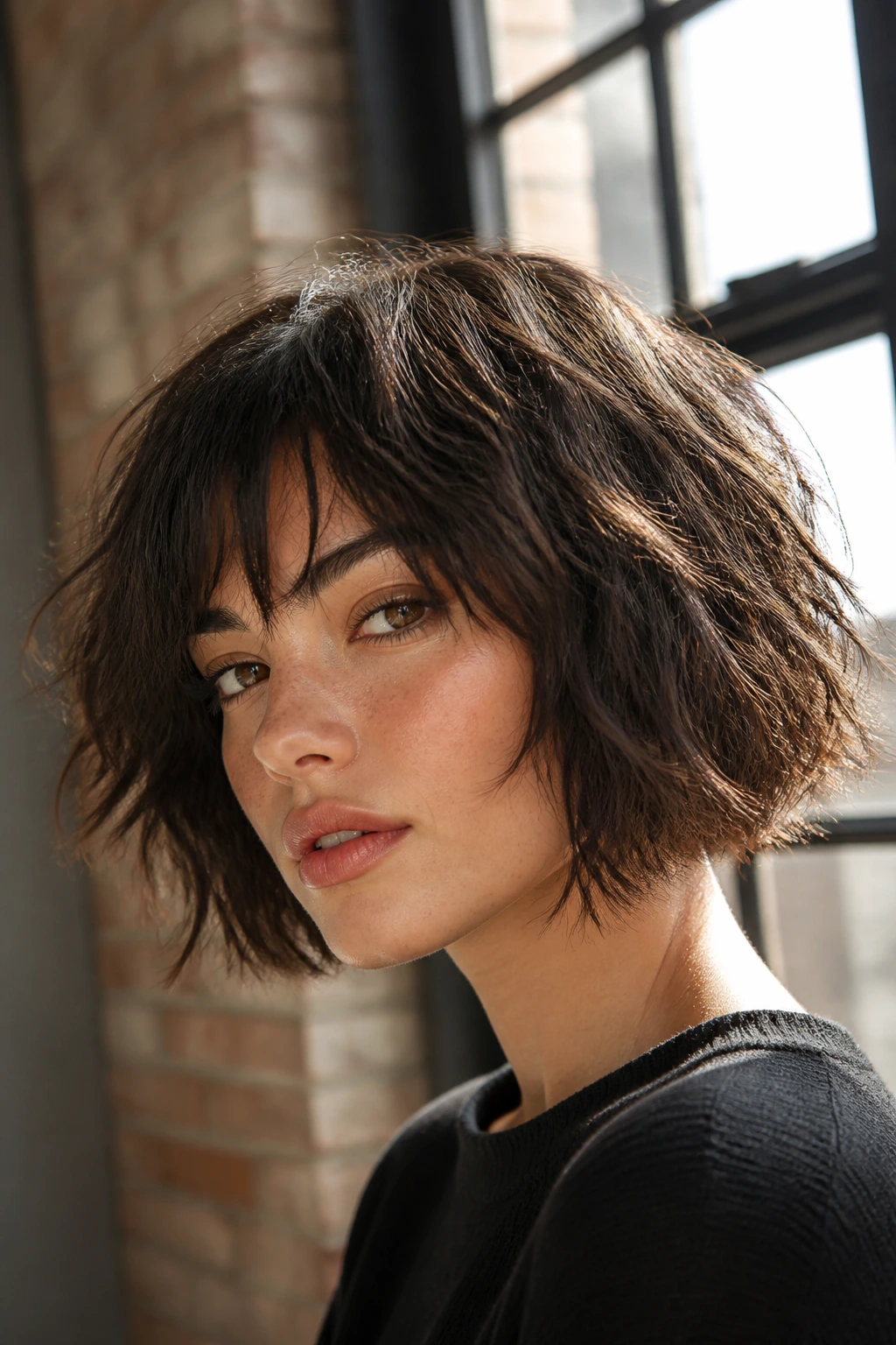 Close-up of a woman with a deeply textured choppy bob in natural light.