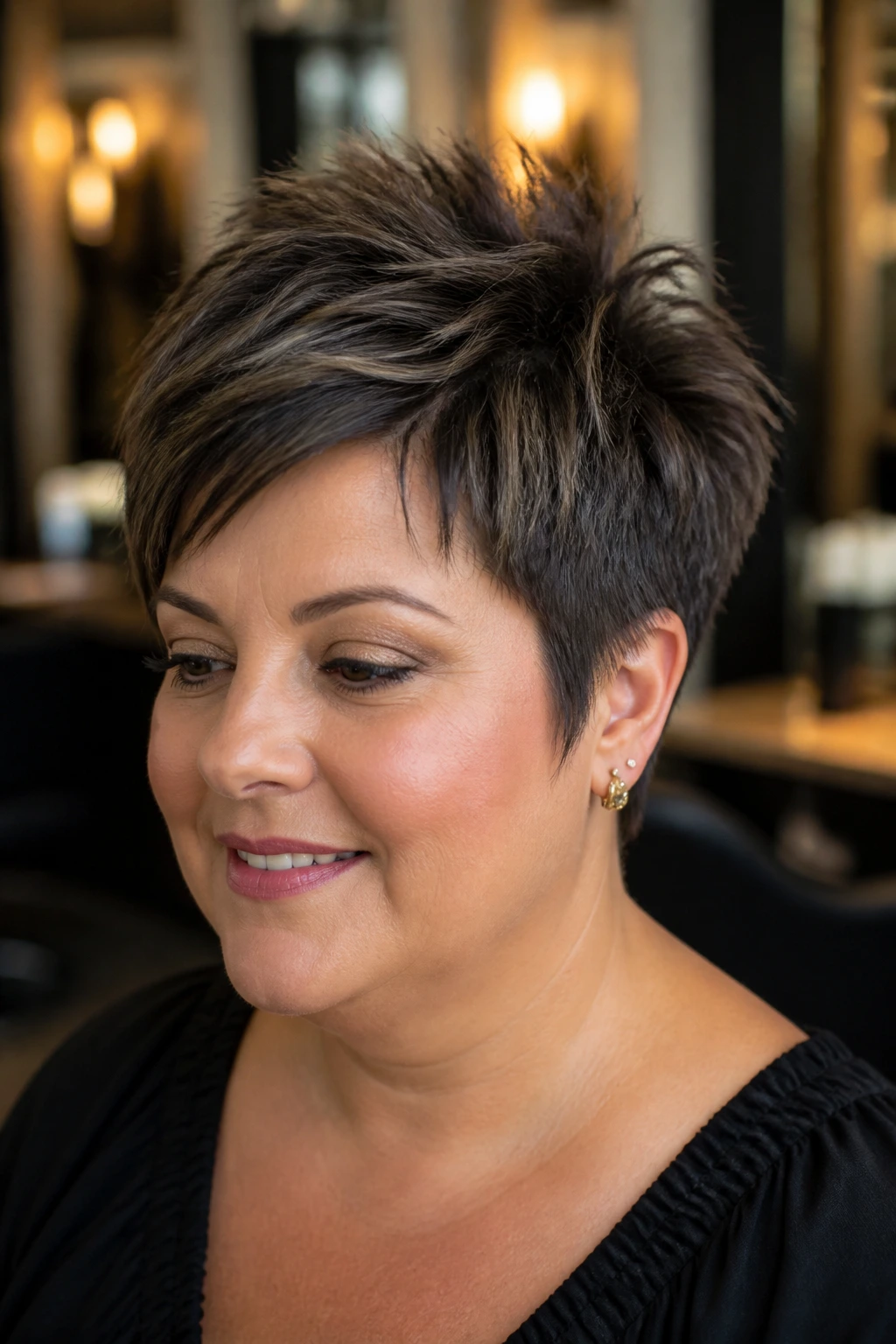 Close-up of a real woman with a textured choppy pixie and crown-height top in a salon.