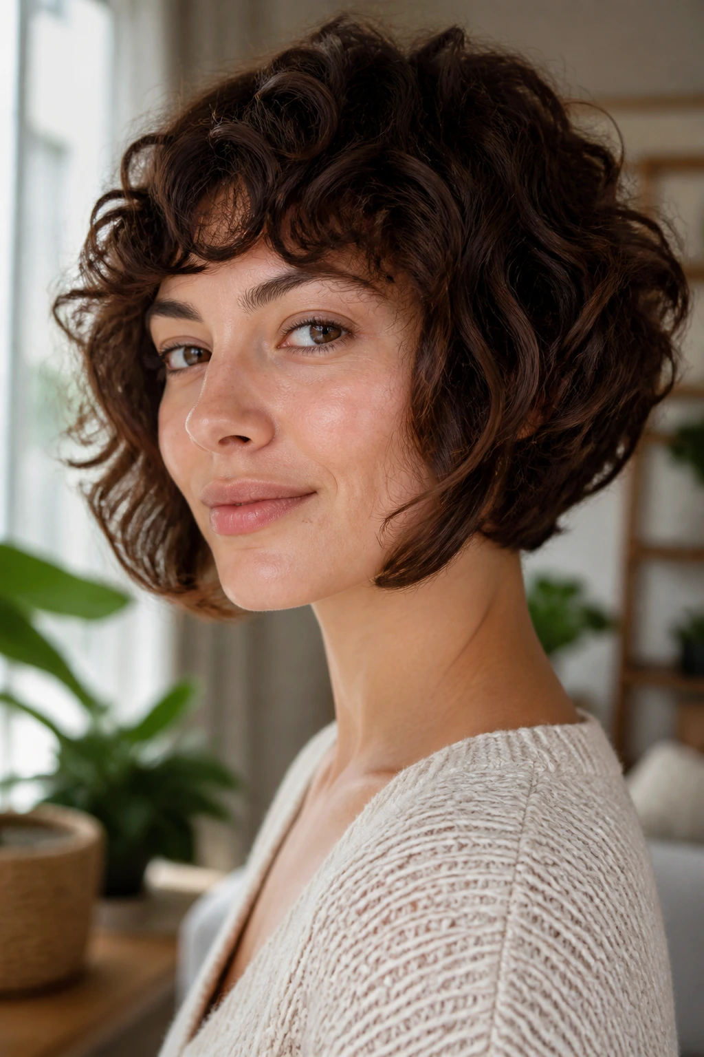 Close-up of a real woman with textured concave cut in bright living room light