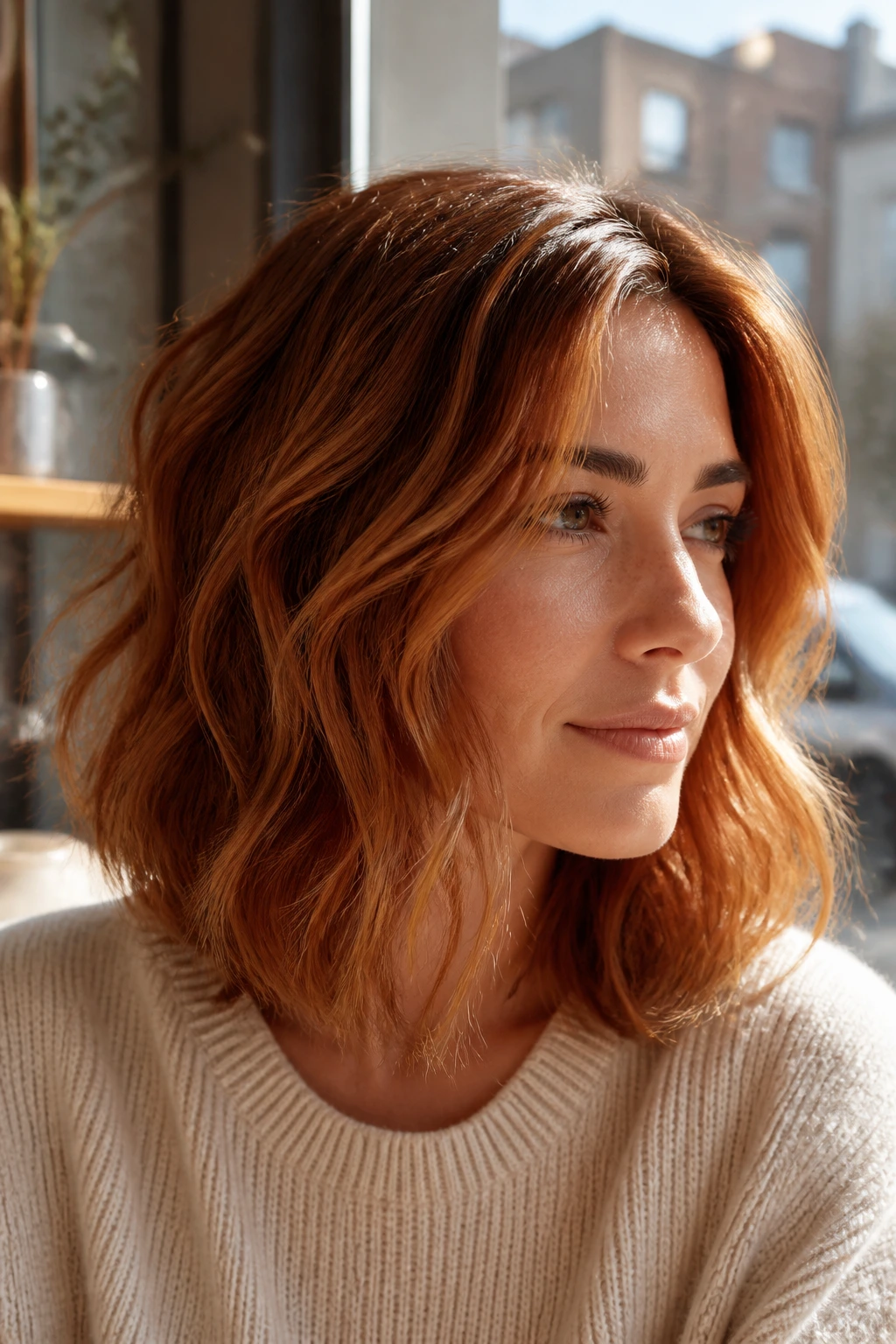 Close-up of a real woman with textured wavy copper lob in sunlit cafe setting