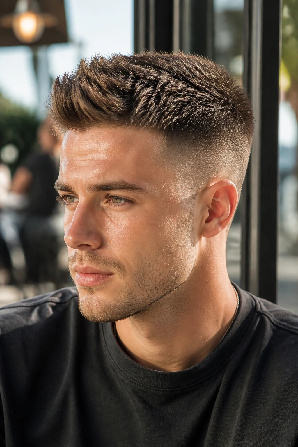 Close-up of a real person with textured crew cut and spiked front