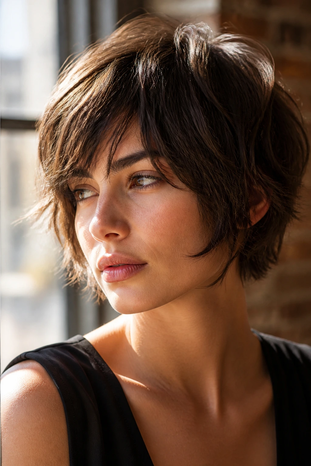 Portrait of woman with textured crop bob in a sunny loft.