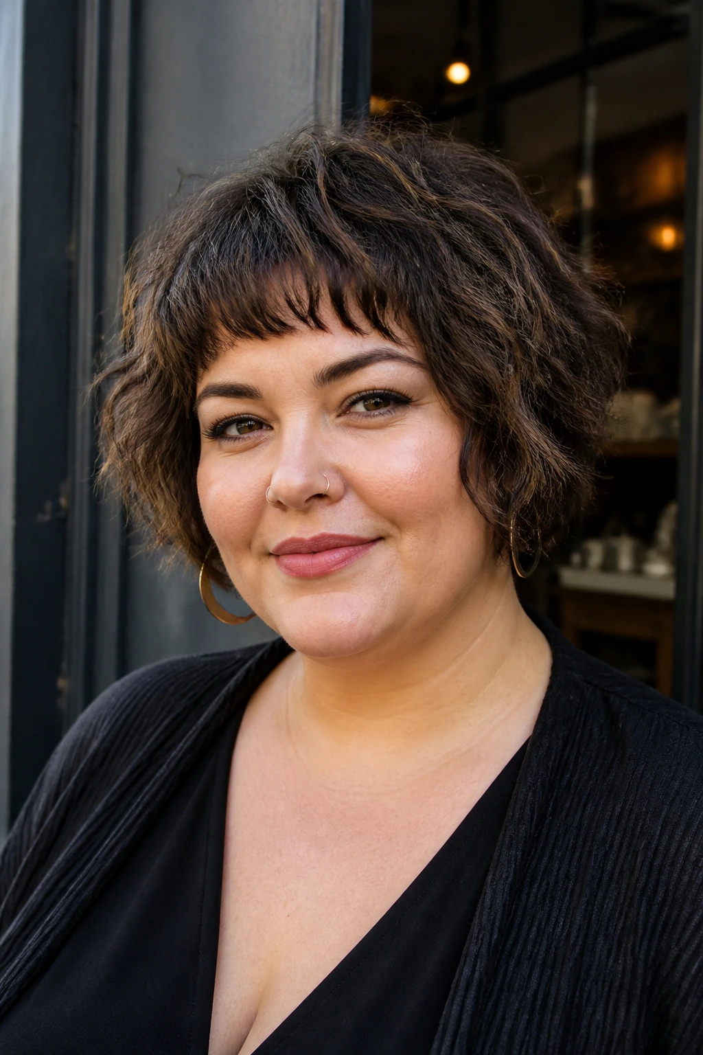 Portrait of a woman with a textured crop bob and short textured bangs