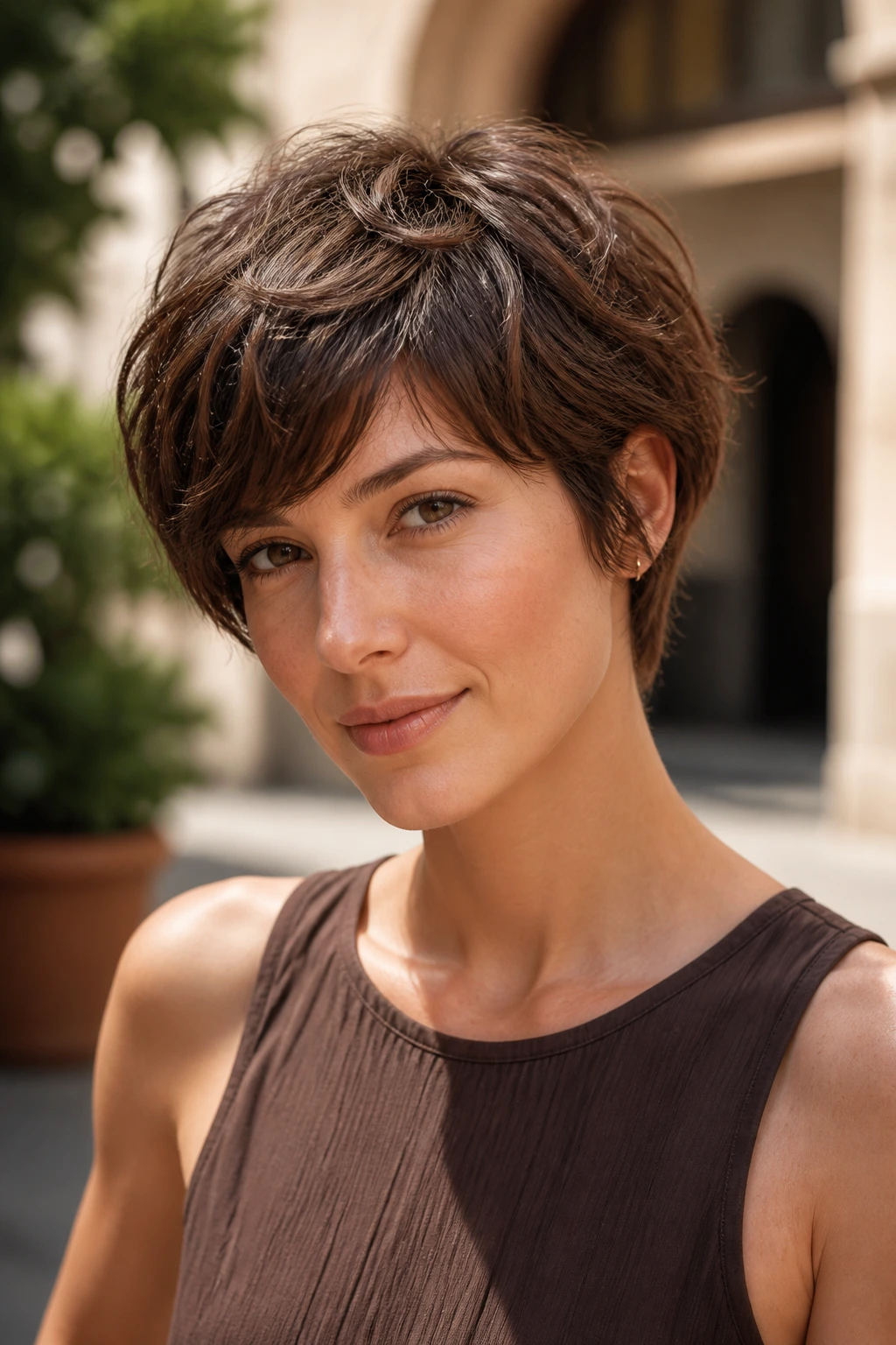 Close-up of a real woman with a short textured crop-bob in mocha brown in an urban courtyard