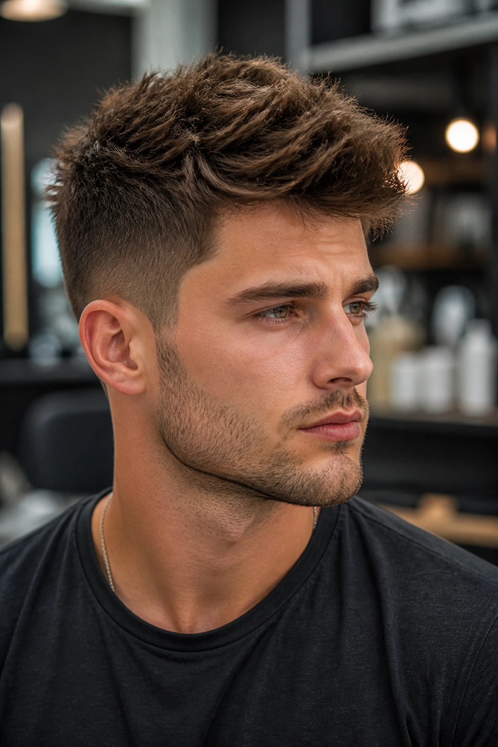 Close-up of crown-volume textured crop on a real person in a modern salon