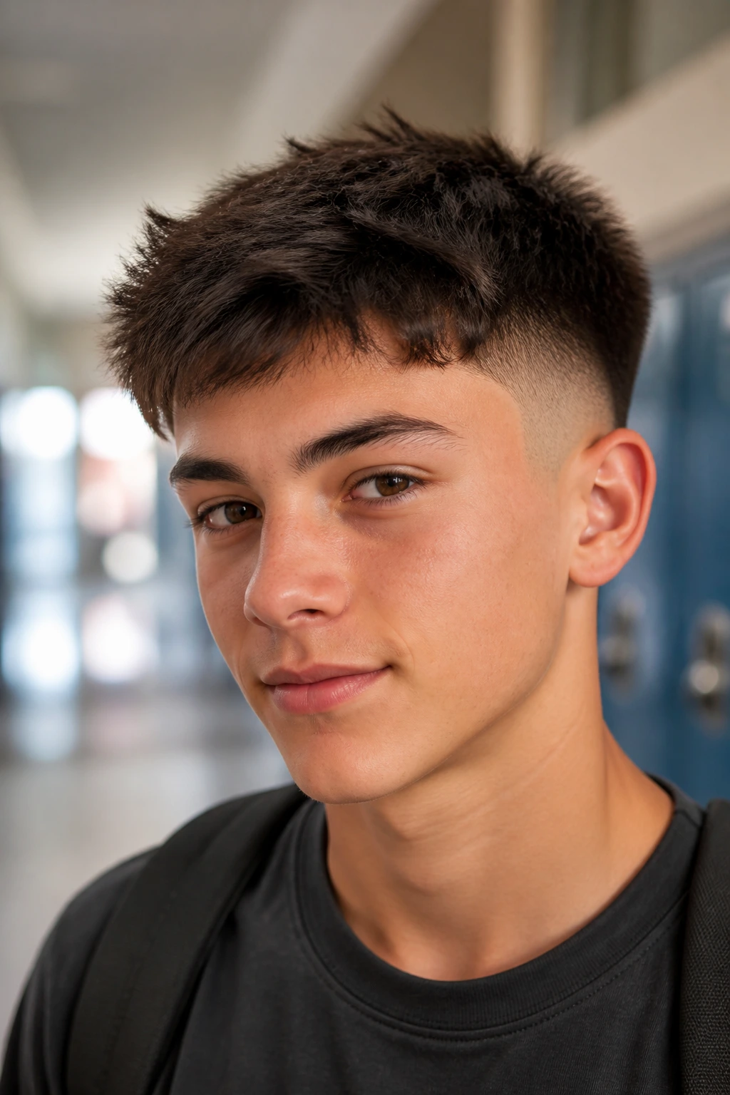 Teen with textured crop and fade hairstyle in school hallway