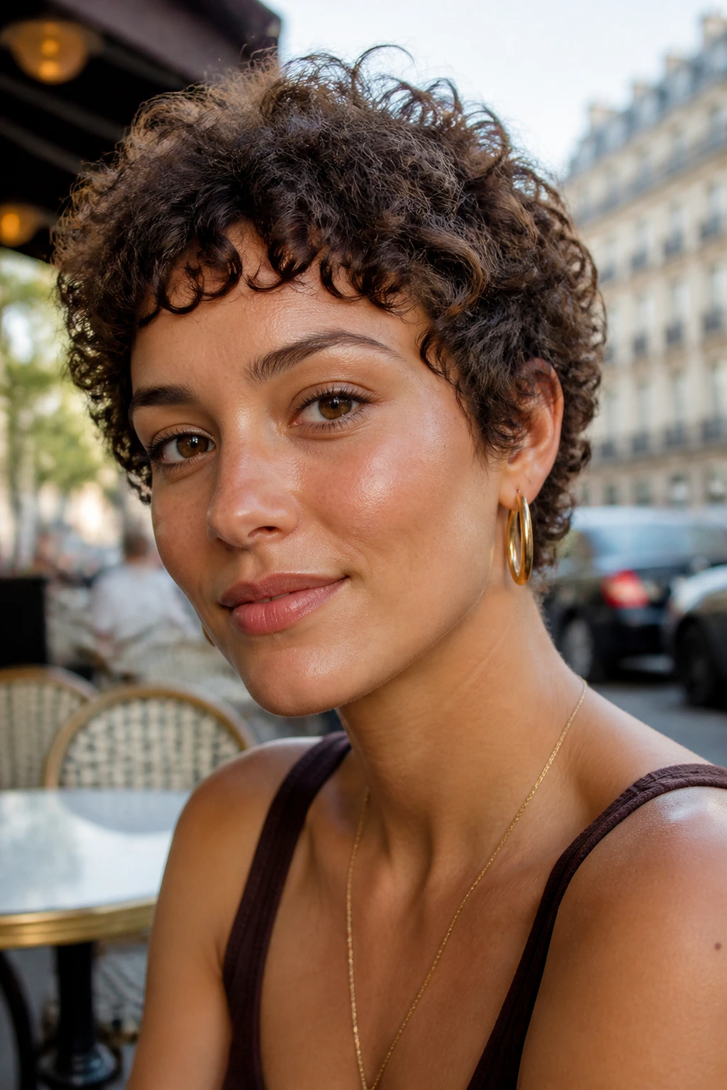 Close-up of a real person with a textured cropped wedge and short fringe