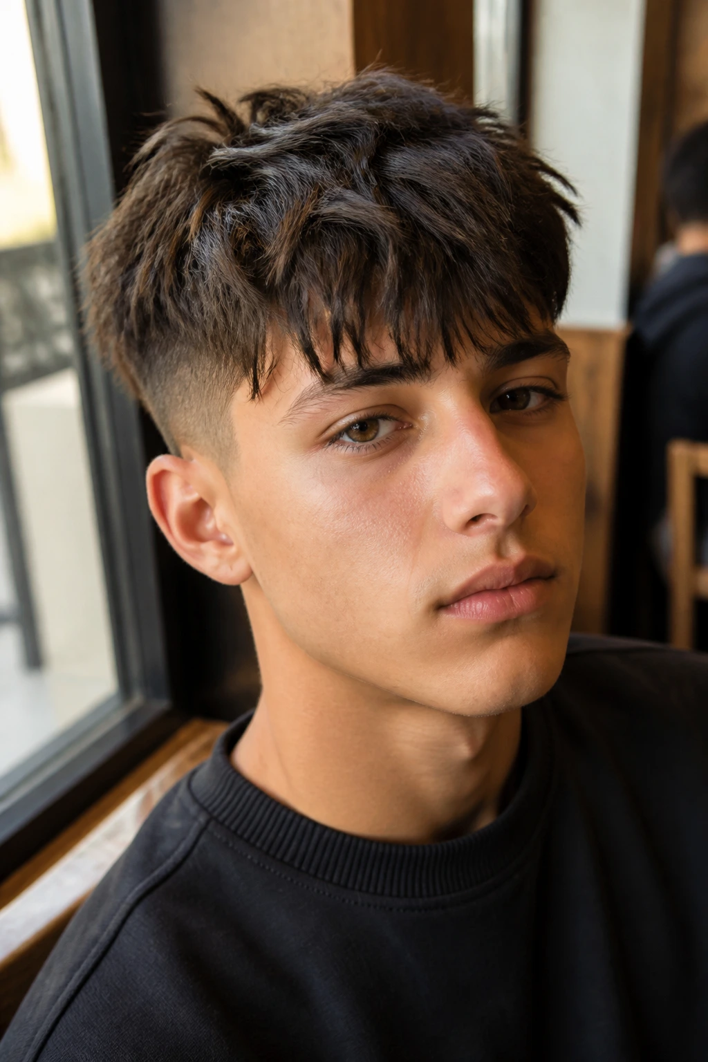 Close-up of teen boy with textured crop and fringe in cafe window light