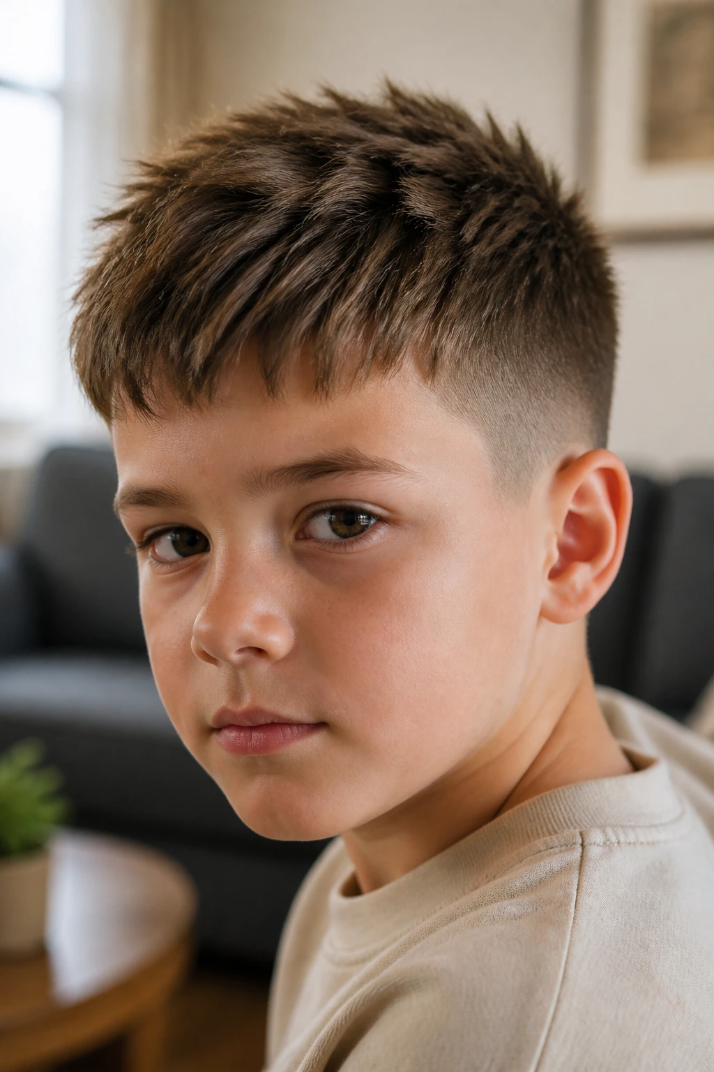 Close-up of a child with a textured crop hairstyle, short sides with peaks
