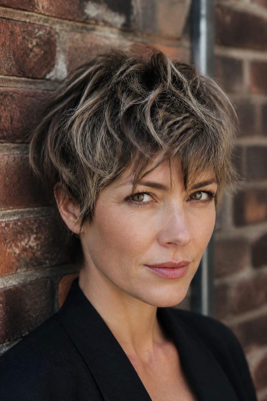 Close-up of a woman with a textured crop and choppy layers against a brick wall