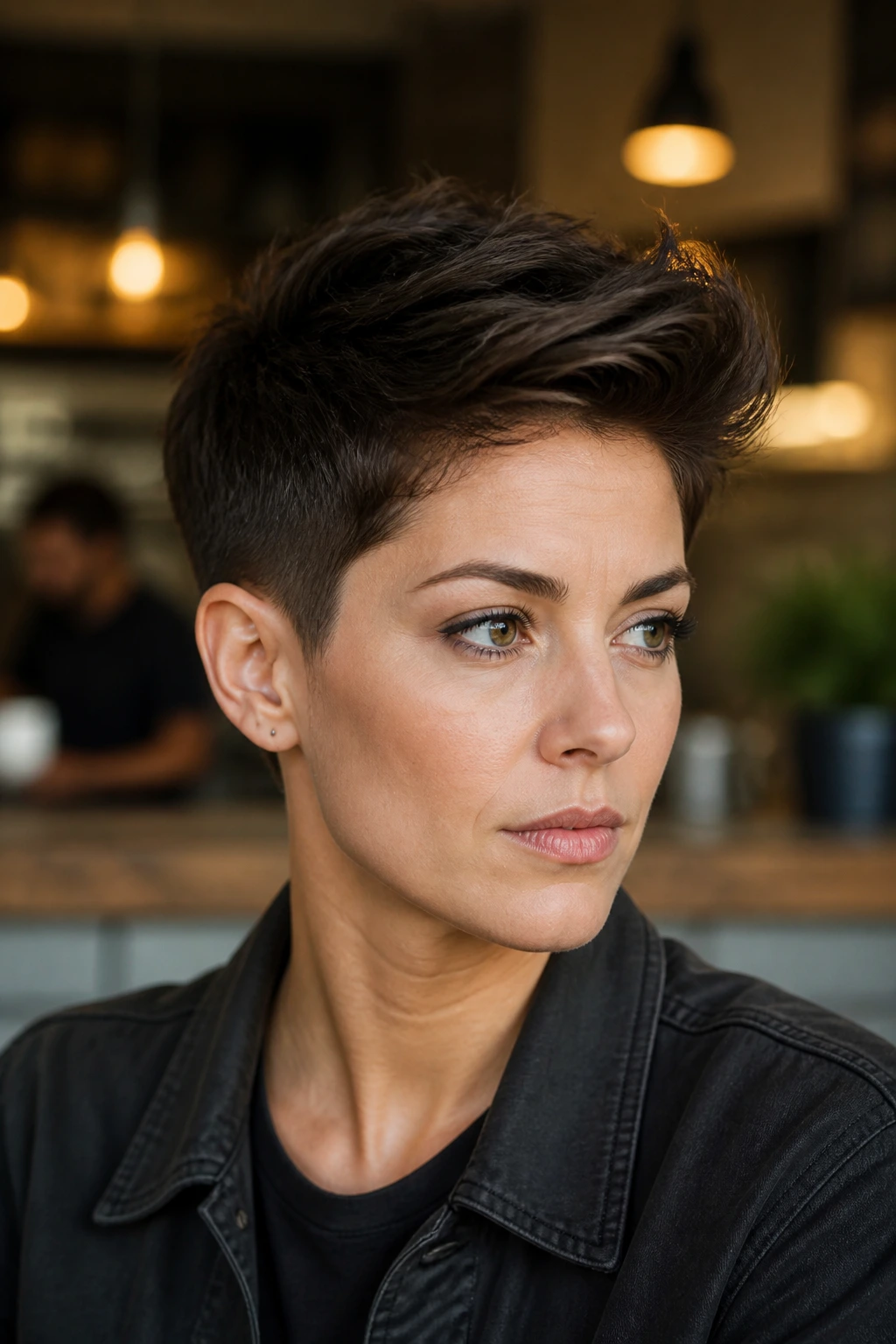 Close-up of a real woman with a textured crop and long top emphasizing crown height