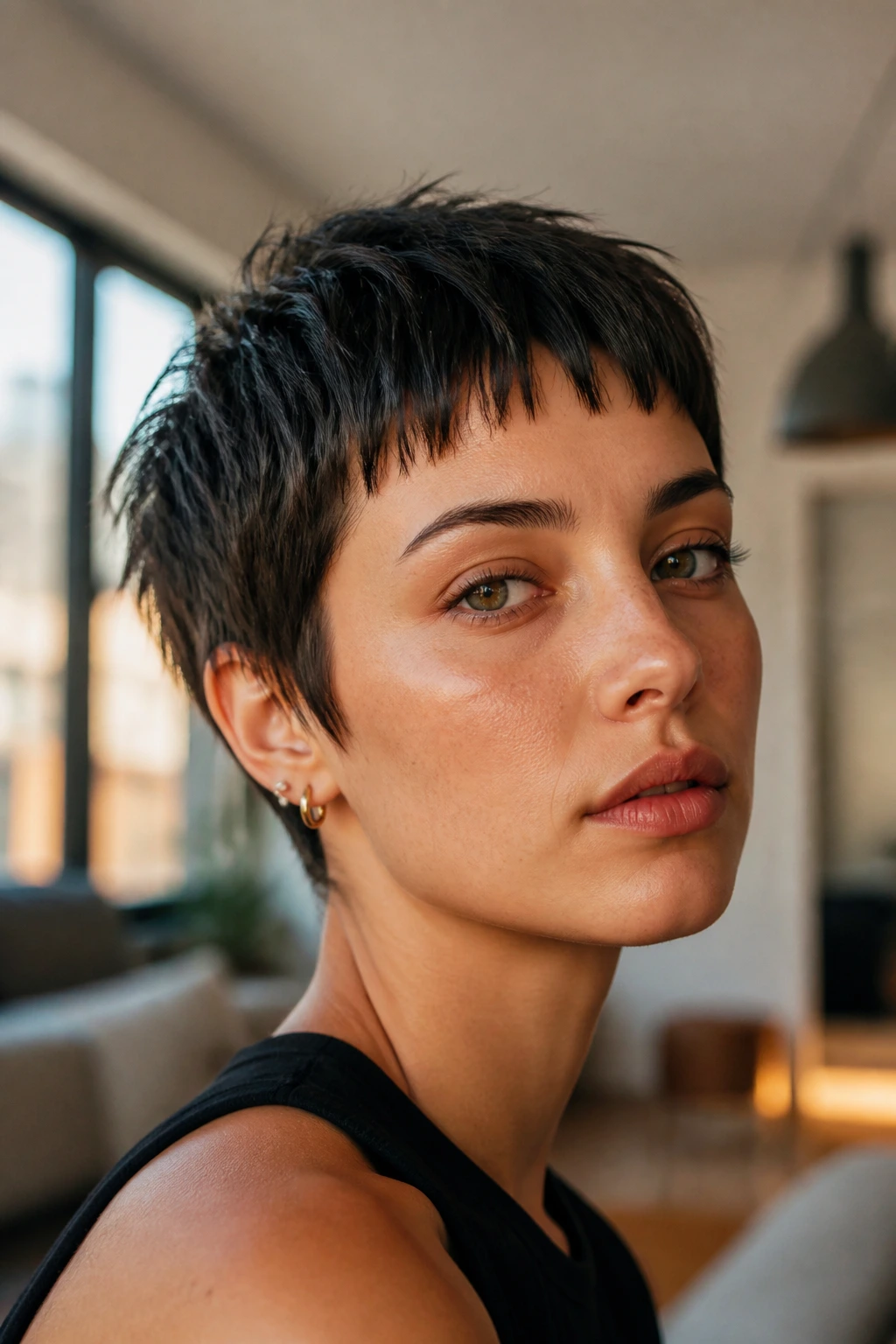 Close-up of a real person with a short textured crop and micro bangs above the eyebrows in warm window light