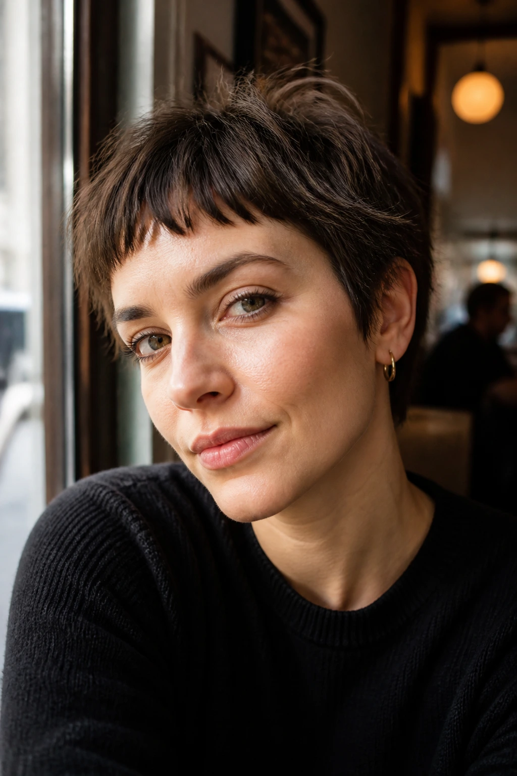 Close-up of a real woman with a textured crop and micro-bangs in window light