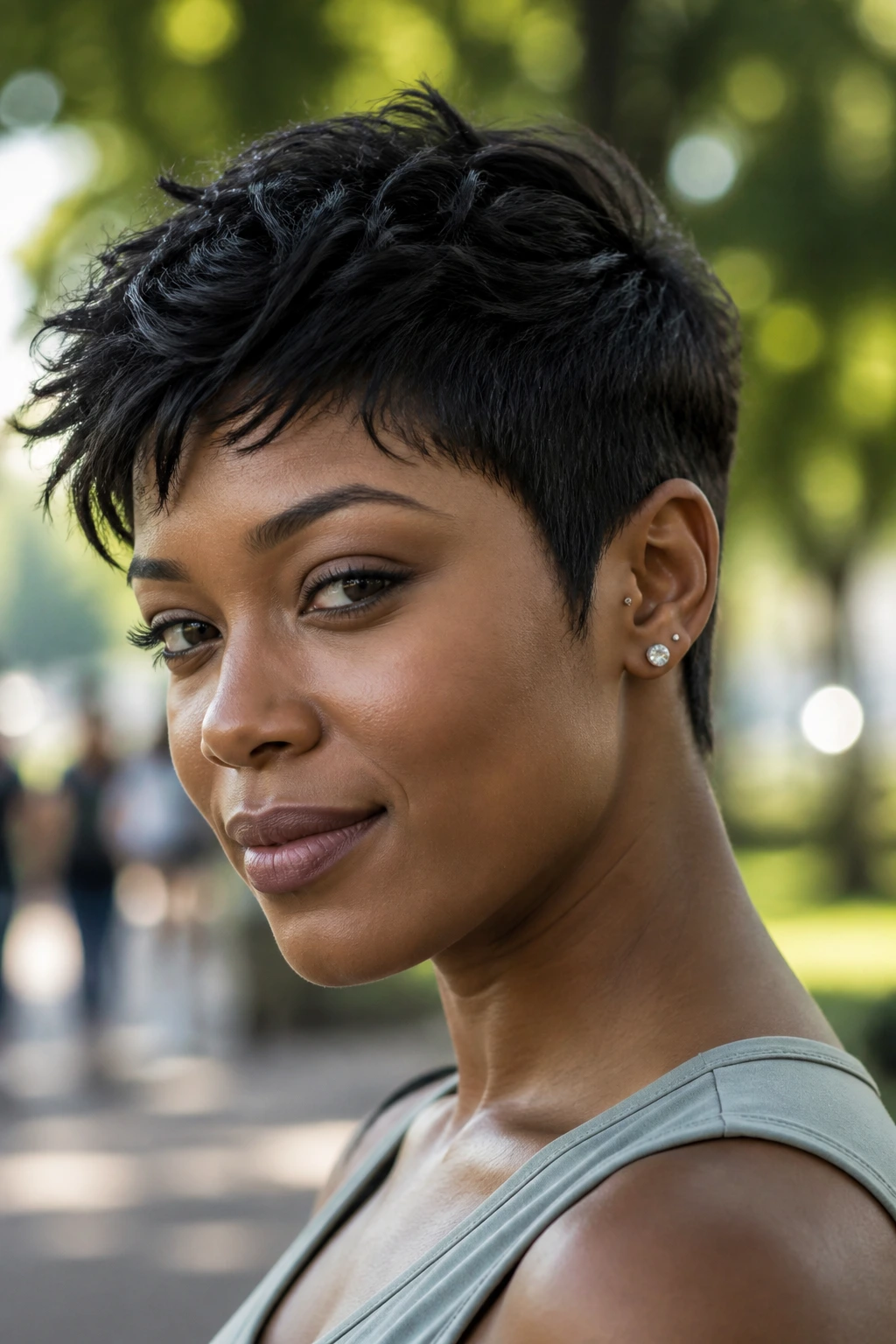 Close-up of a real person with a textured crop under daylight in a city park