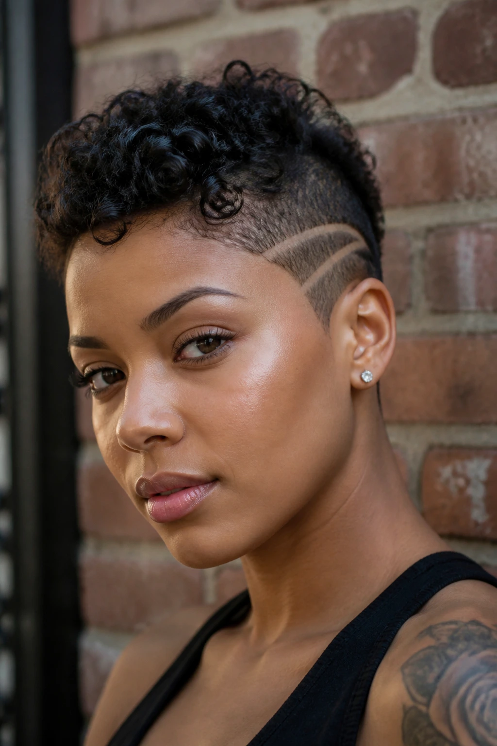 Real woman with textured crop and shaved design on temple