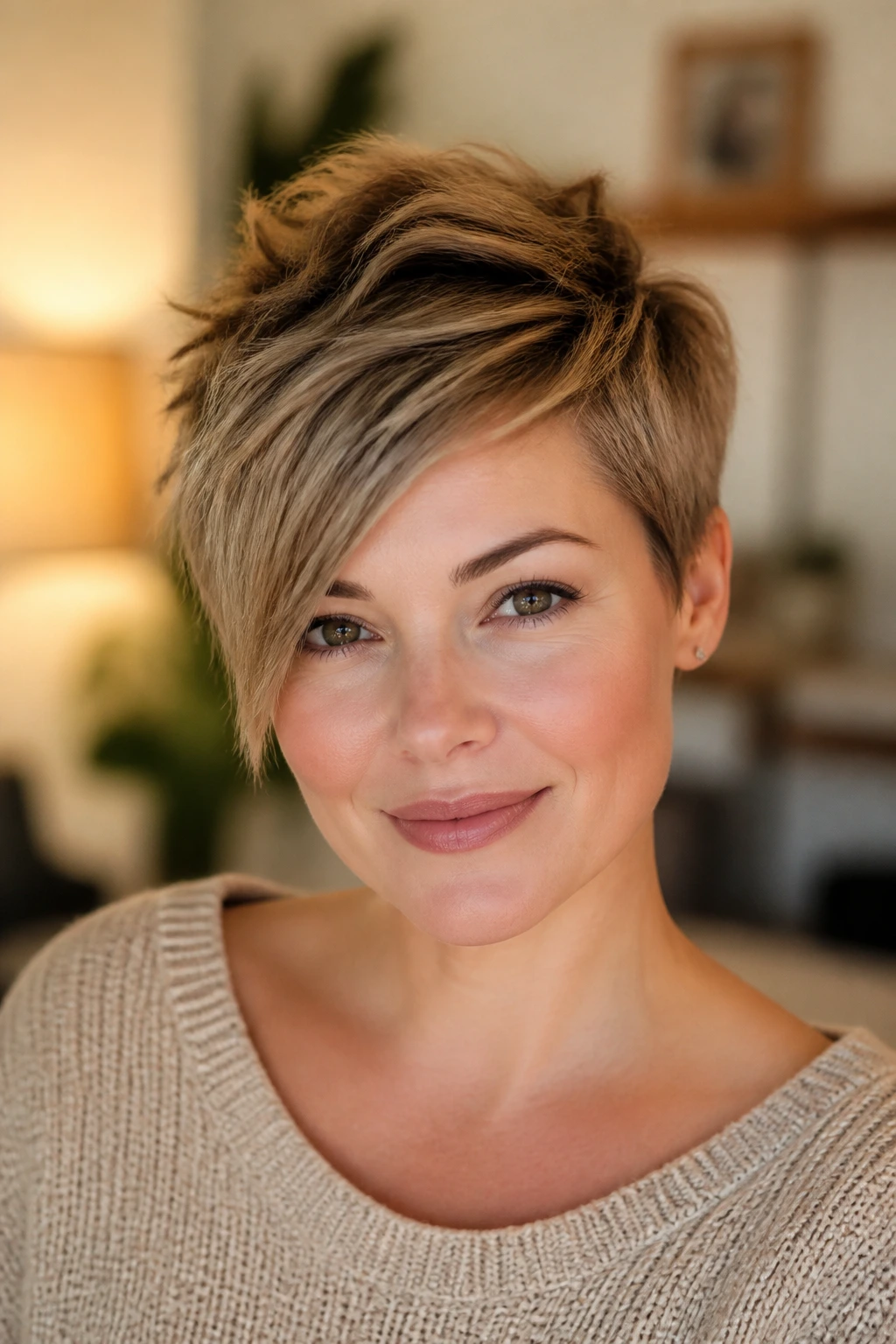 Portrait of a real woman with a textured crop and side fringe hairstyle