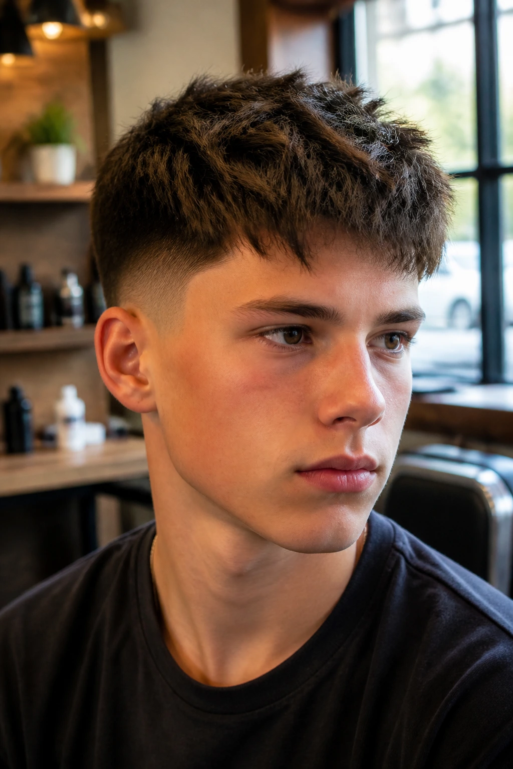 Close-up of teenage boy with classic textured crop hairstyle in a barber shop