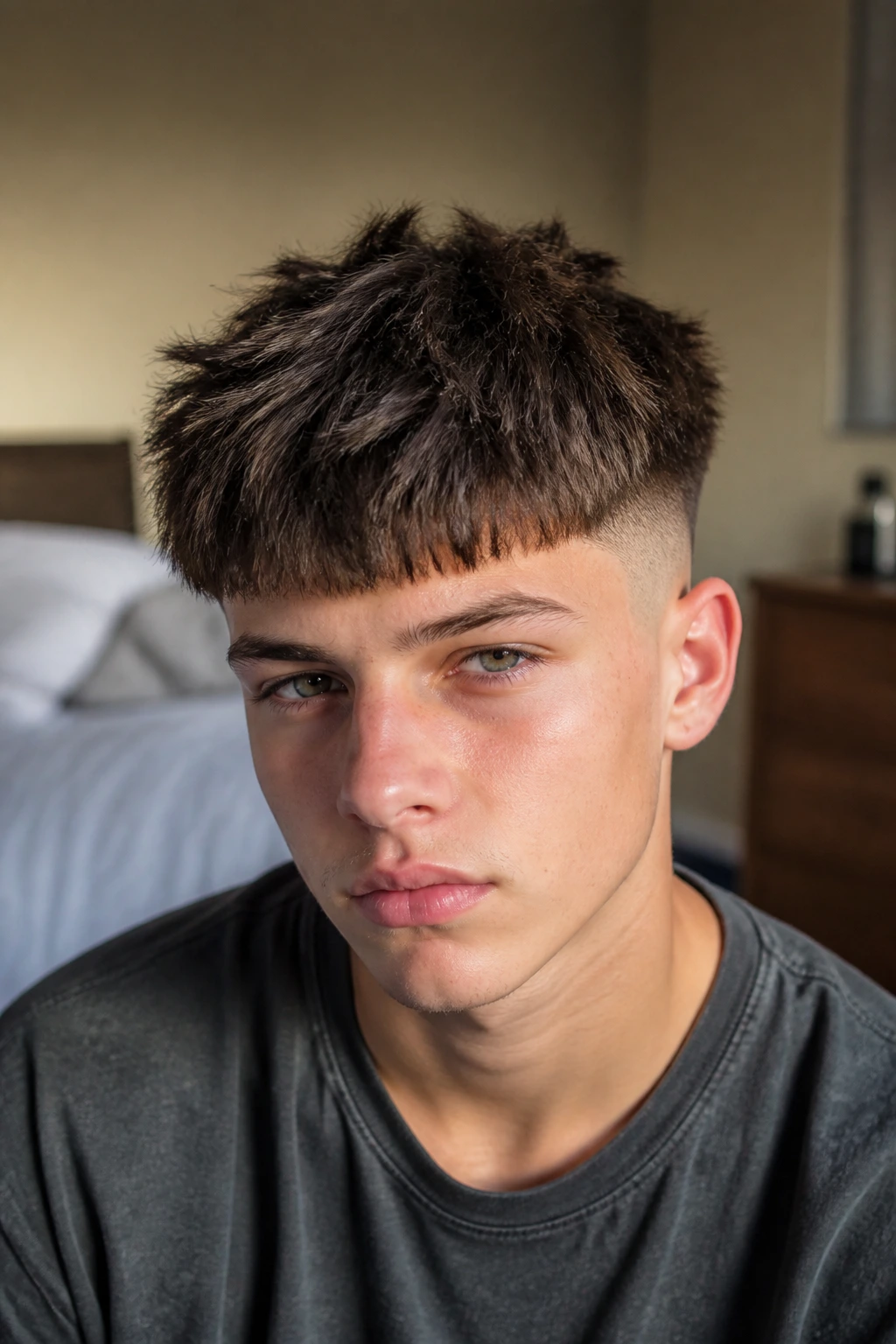 Teenage boy with textured crop hairstyle in natural window light.