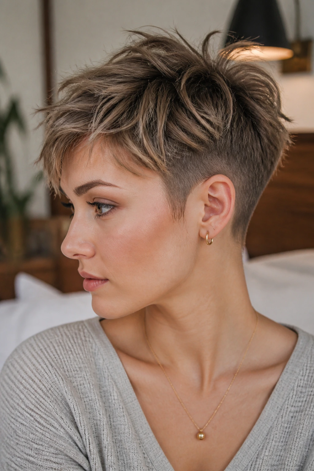 Close-up of a real person with textured crop and undercut, tousled top.