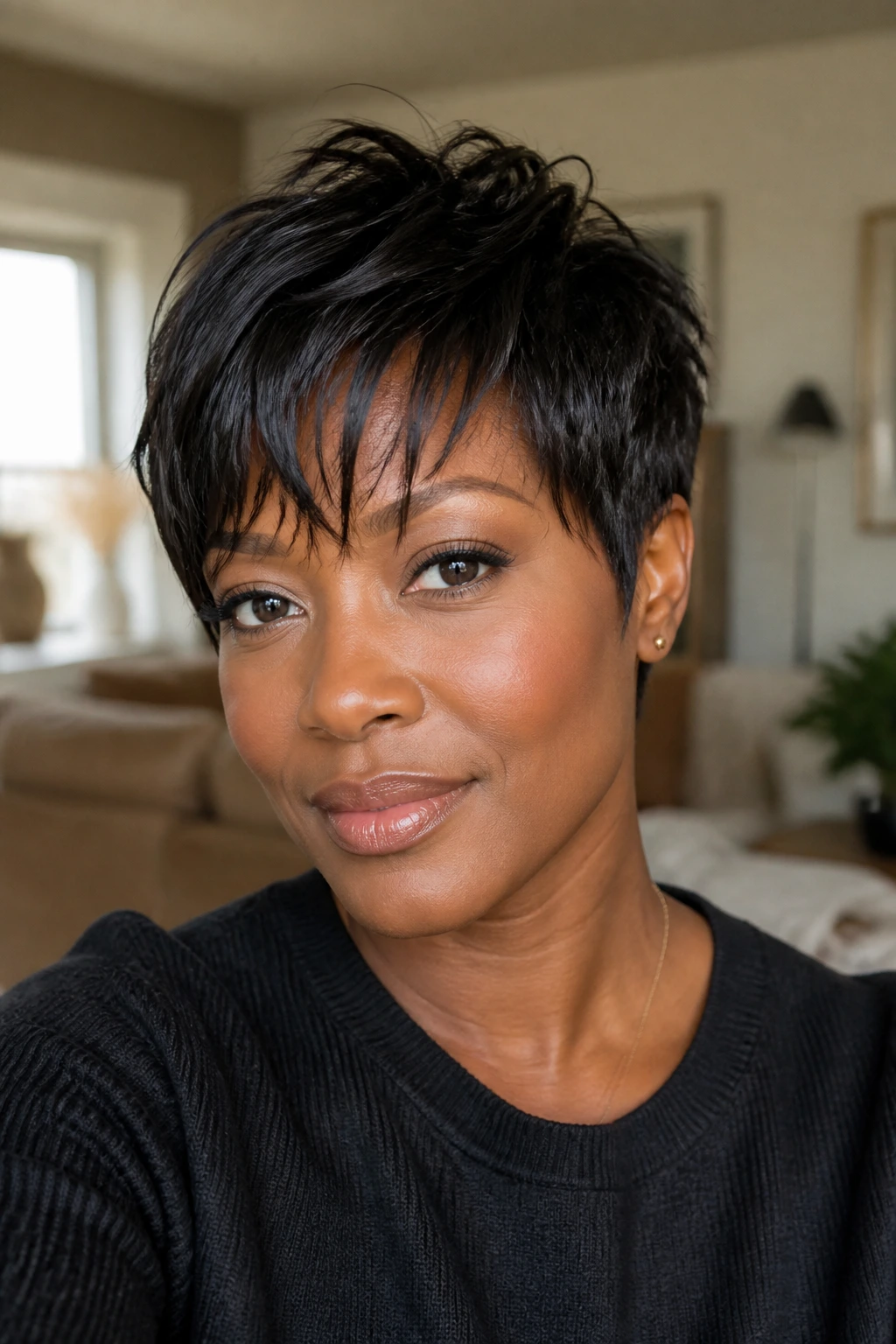 Close-up of a real woman with a textured crop and wispy bangs in cozy living room light