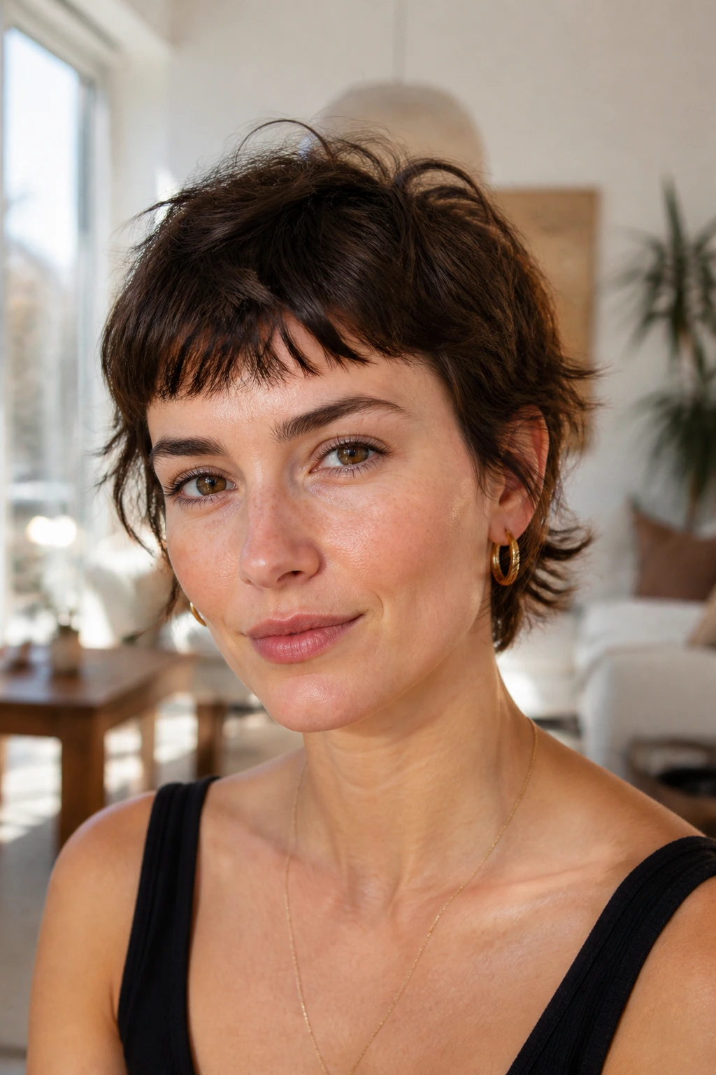 Close-up of a real woman with textured cropped fringe mid-forehead