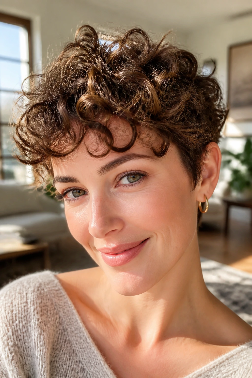 Close-up portrait of a real woman with a textured curly pixie.