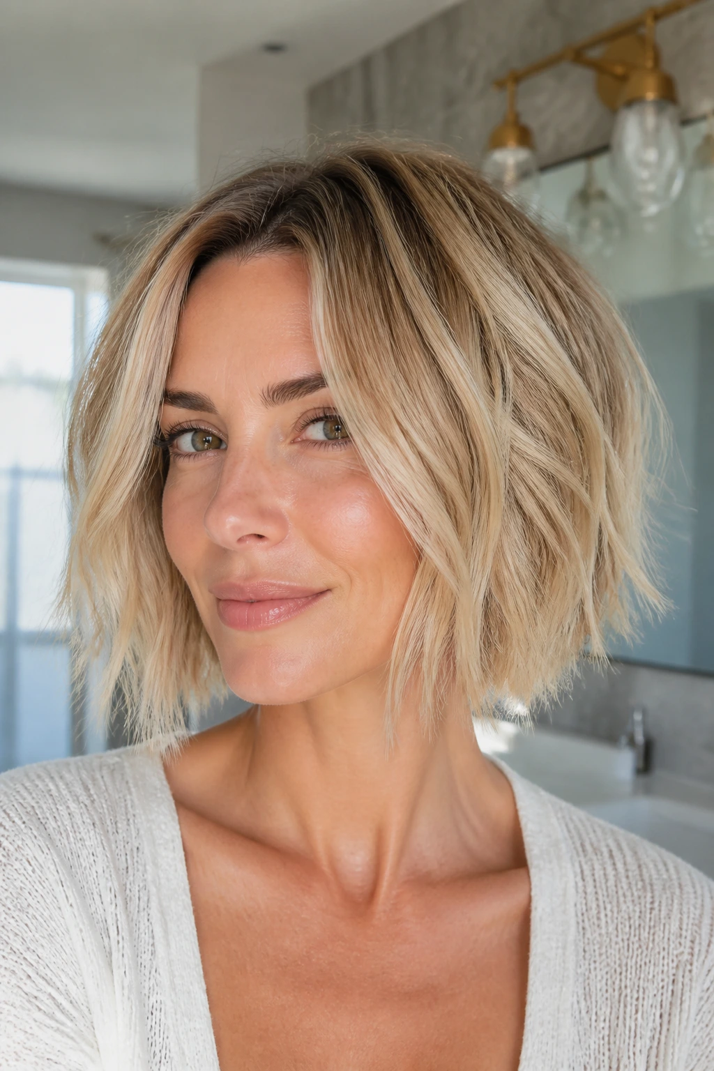 Portrait of a real woman with textured ends on a blonde bob