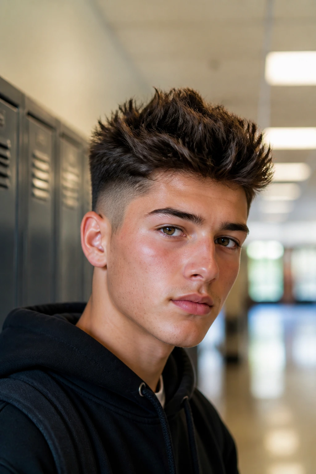 Close-up of a teen with a textured faux hawk in a bright school hallway