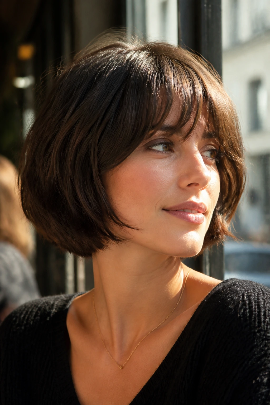 Close-up portrait of a real woman with a textured French bob by a sunlit cafe window